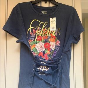 GUESS Navy Floral Graphic Lace-Up Short Sleeve Tee
